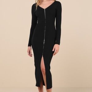 Lulus Snuggly Sweetness Black Ribbed Zip-front Sweater Midi Dress - Size M